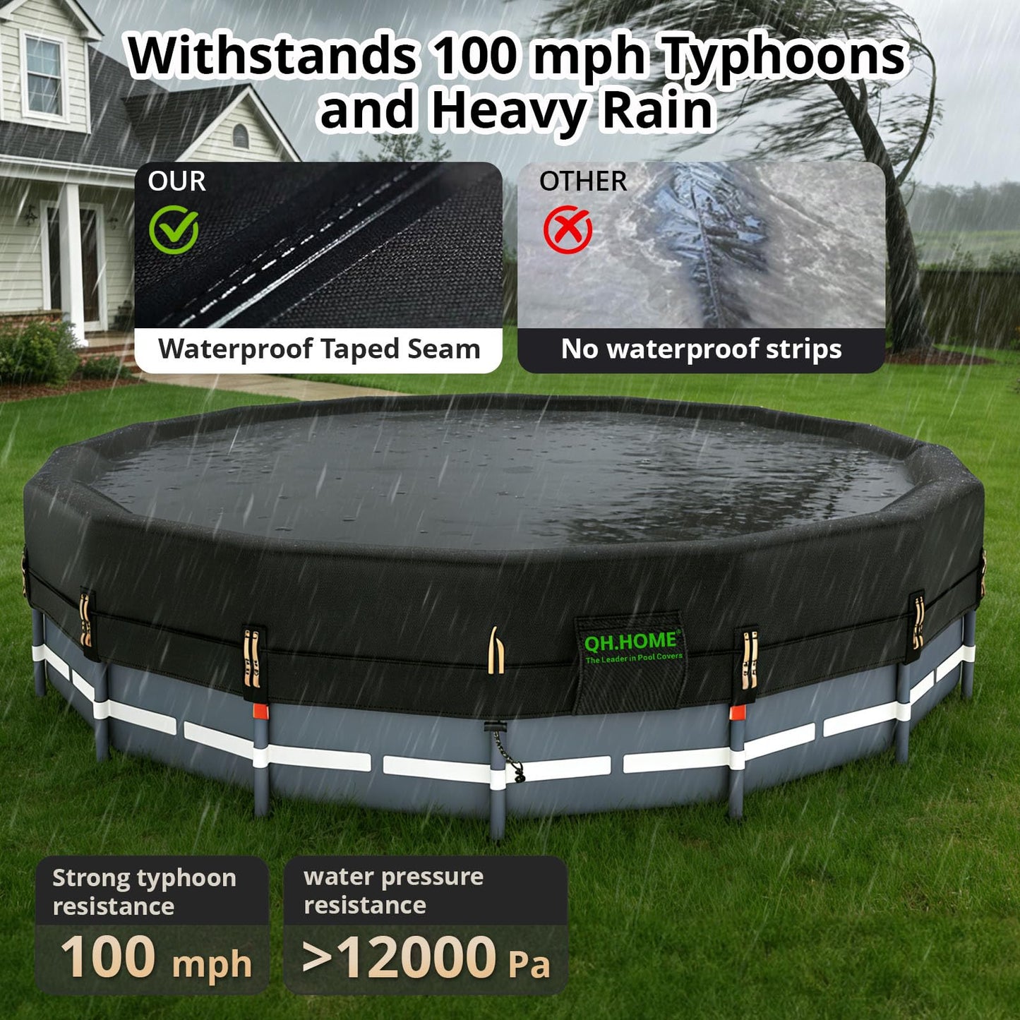 QH.HOME 550D 22ft Pool Cover Round[Upgraded Tear Resistant & Quadruple Windproof] wth Pre-Installed Patented Winch and Rope, Pool Covers for Above Ground Pools-Snug Fit & Waterproof Protection