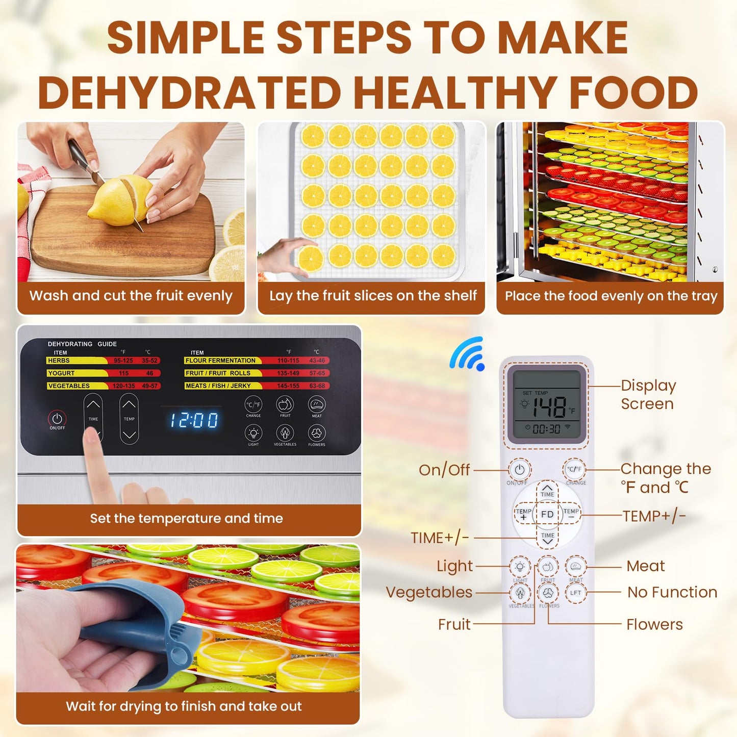 Food Dehydrator for Jerky, Remote Control, Large 10 Stainless Steel Trays, 1000W Fruit Dehydrator, 24H Timer and 194°F Temperature Control, Overheat Protection, Food Dryer for Jerky, Fruit, Dog Treats