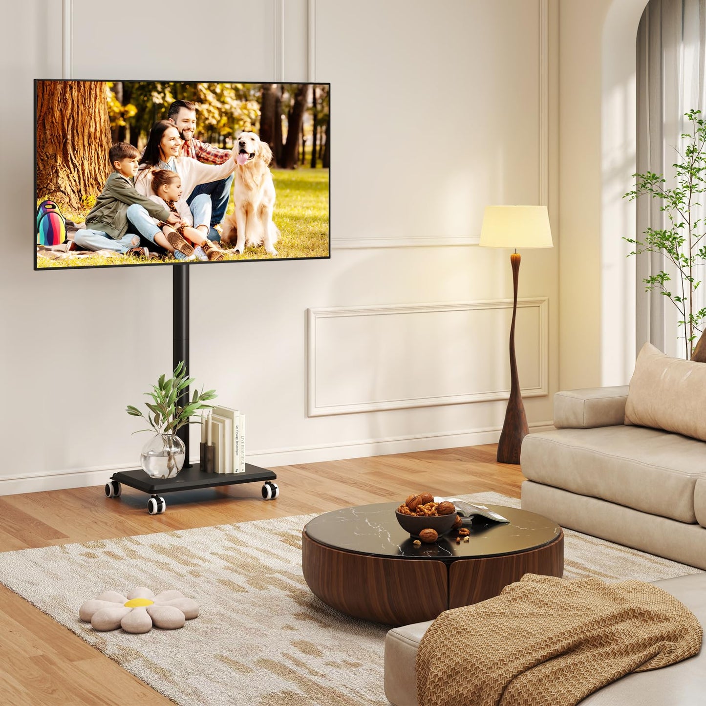 Rfiver Rolling TV Stand for 32 to 55 60 Inch TVs up to 88lbs, Height Adjustable Mobile TV Stand with Wood Base, Space-Saving Design Tall TV Cart Floor Stands for Living Room, Bedroom, Corner