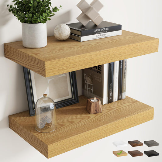 24 Inch Floating Shelves for Wall Set of 2, 12"D Wood Grain Bathroom Shelves with Invisible Brackets, Easy Install Engineered Wood Storage Shelves for Kitchen, Living Room, Bedroom, Oak Finish