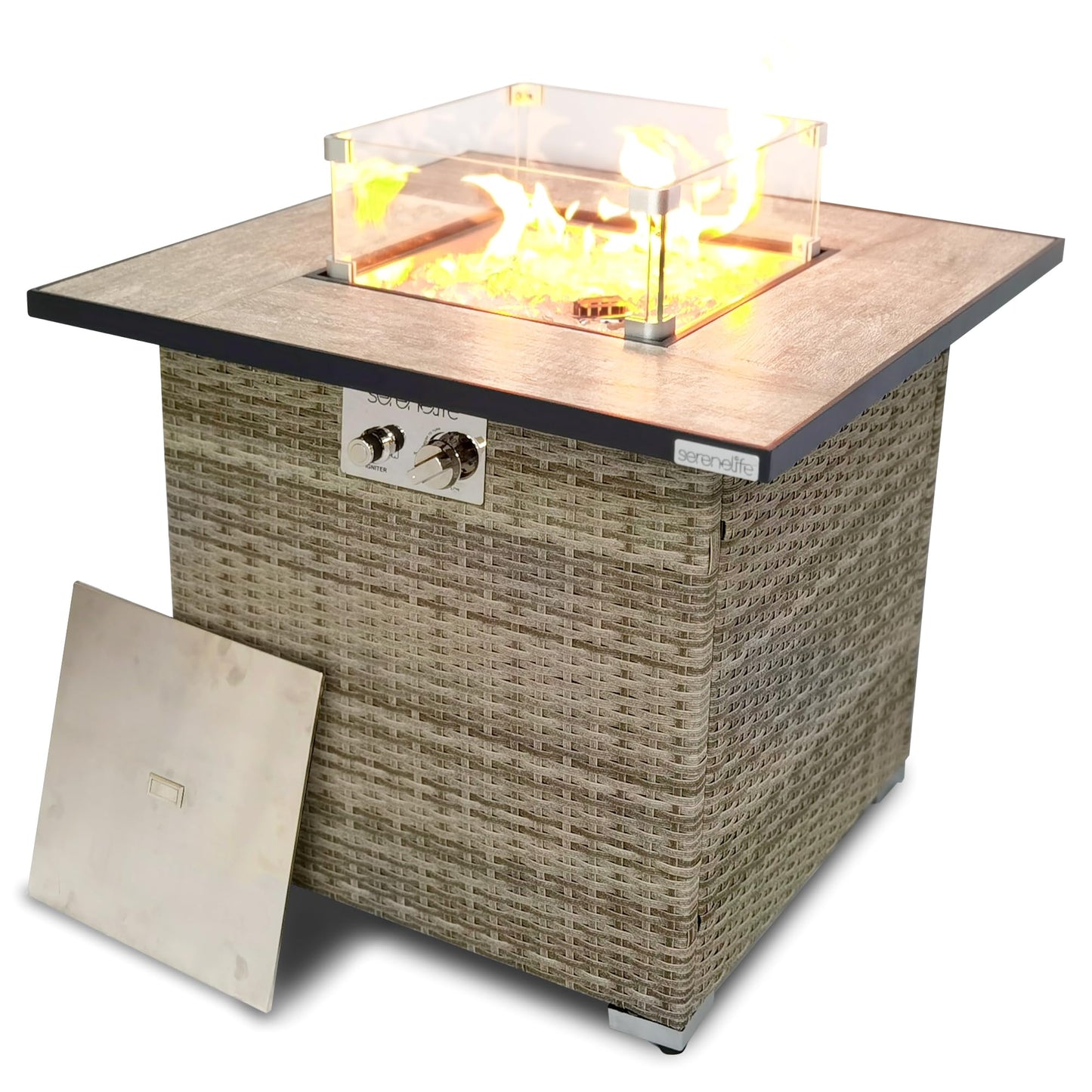 SereneLife Propane Fire Pit Table, 50000 BTU CSA/ETL Certified Safe Gas Table with Sturdy Wicker Base, Stainless Steel Burner, Glass Wind Guard & Cover, Outdoor Fireplaces for Parties