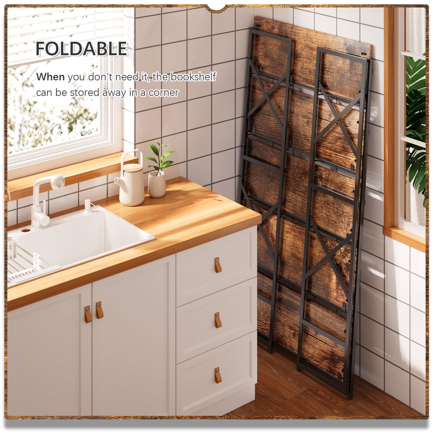 4NM Extra Wide 5 Tiers No Assembly Book Shelves, 51.2" H Folding Bookshelf Bookcase Open Industrial Foldable Shelves for Bedroom, Living Room, Home Office - Rustic Brown Black