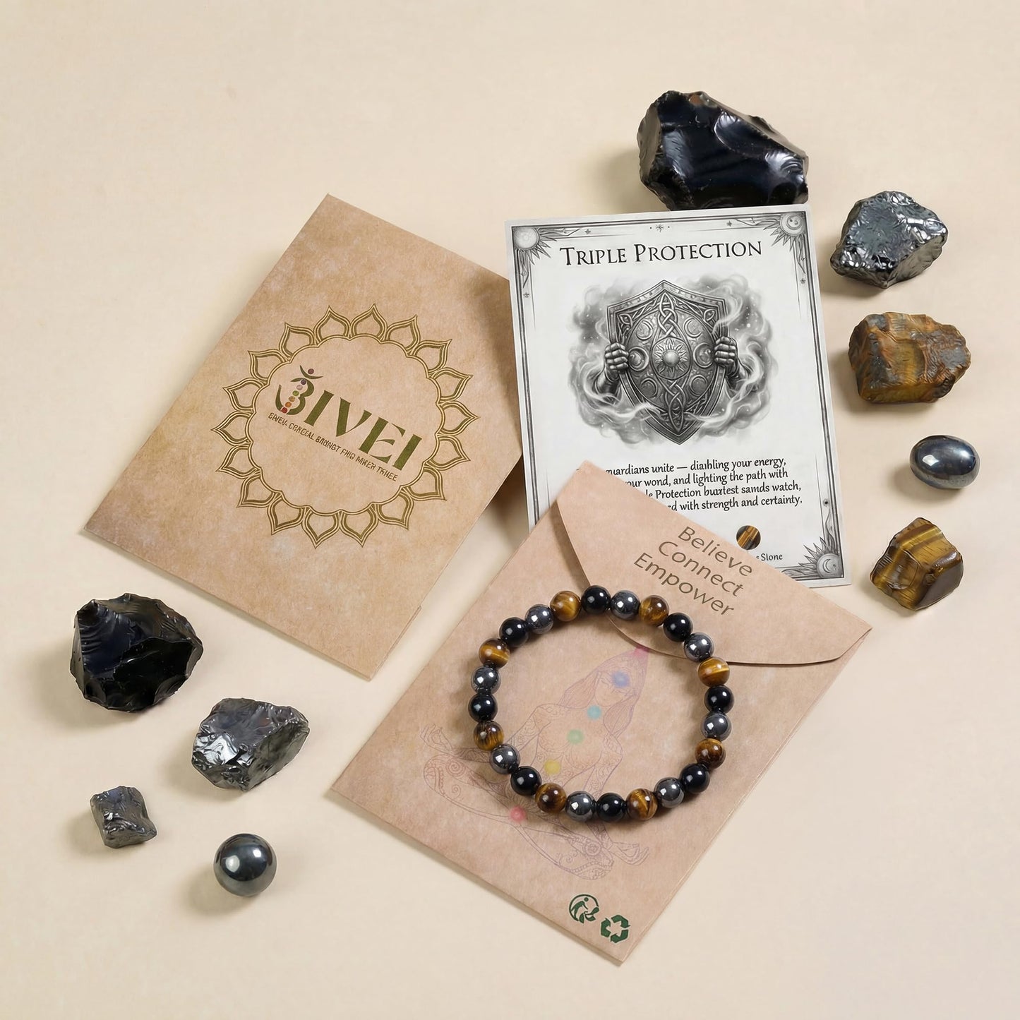 Bivei Triple Protection Bracelet, Strength Crystal Healing Bracelet 8MM with Obsidian & Hematite & Tiger Eye - Spiritual Stretch Beaded Jewelry for Women Men Gift
