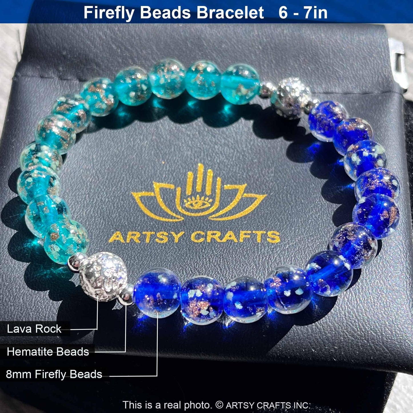 ARTSY Crafts Glow in The Dark Firefly Beads Bracelet, European Lampwork Luminous Beads Wristlet Anxiety Stress Relief Healing Crystal Chakra Bracelets for Women (Sapphire + Teal)