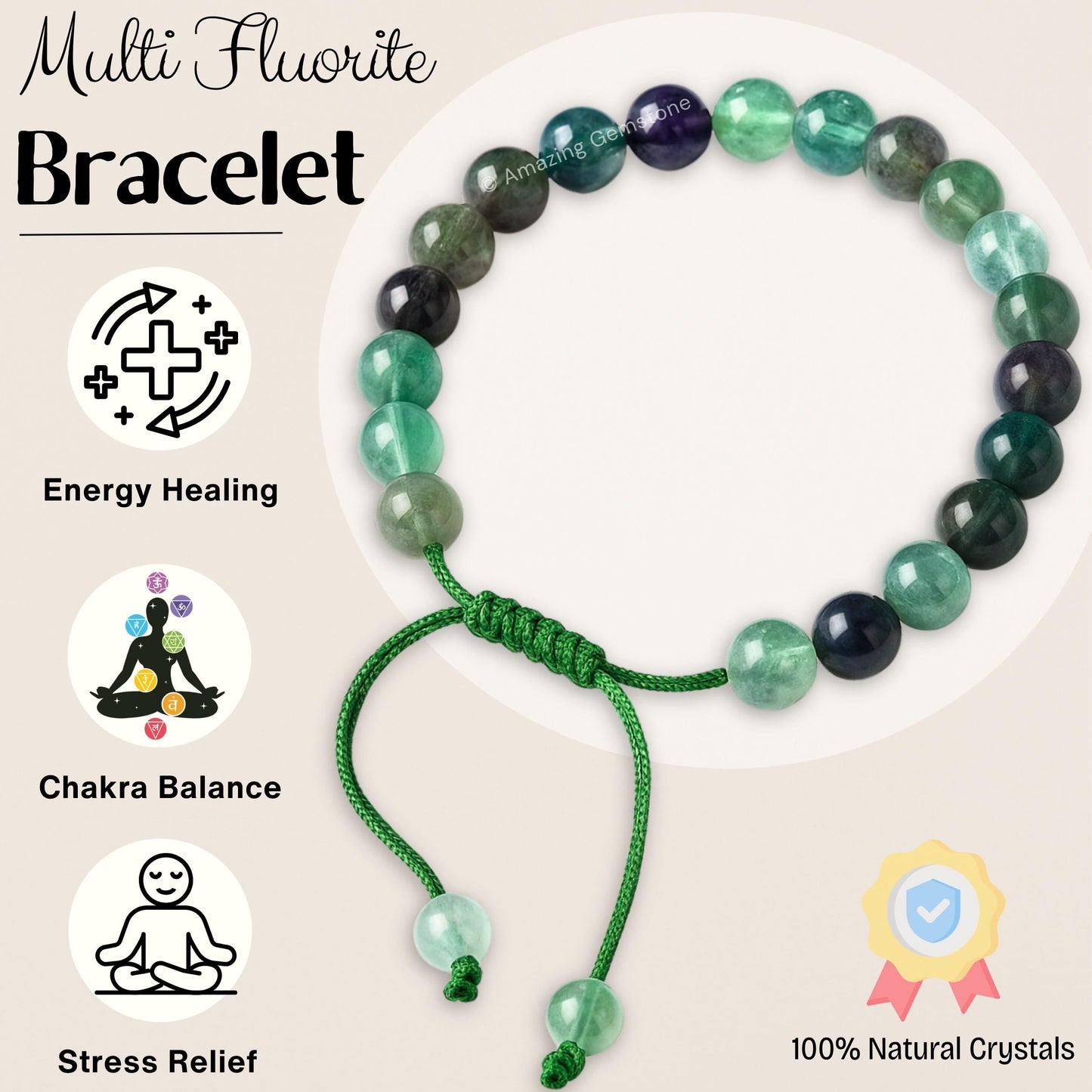Amazing Gemstone Multi Fluorite Bracelet for Women Men's Gifts - Protection Healing Crystal Bracelet - 8mm Gemstones Beaded Adjustable Bracelet Pulseras Para Hombres Mujer Stocking Stuffers