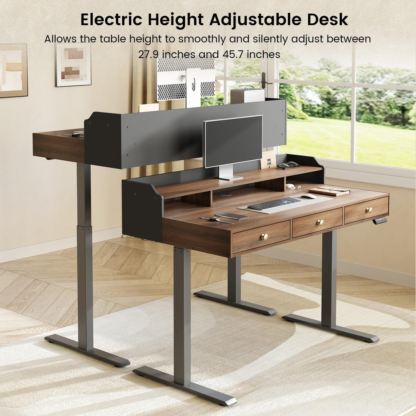 ModernMate Standing Desk with 3 Drawers, 47.2 x 26 Inches Height Adjustable Desk with Monitor Shelf, Electric Stand Up Table with Storage for Home and Office, Black Walnut