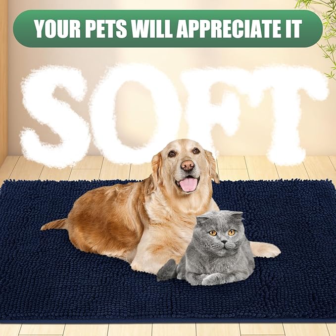 IM HOME Chenille Absorbent Outdoor Doormat 30" x 20", Washable Muddy Door Mats for Dog Non Slip Indoor Doormat Dog Mat for Muddy Paw Front Inside Doormats for Entryway Navy Blue