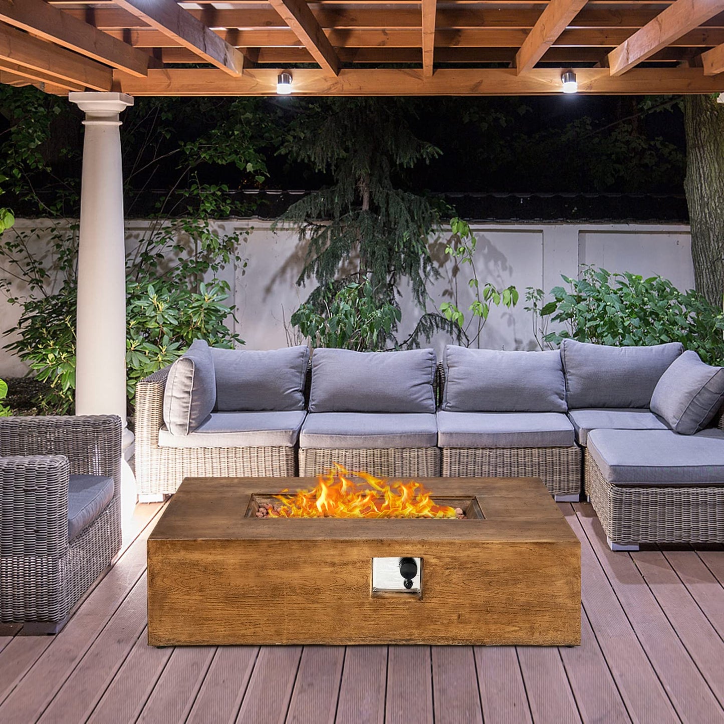 COSTWAY 48 Inch Gas Fire Pit Table, 50,000 BTU Outdoor Propane Firepit with Lava Rocks and Waterproof Cover, Rectangular Fire Table, Brown