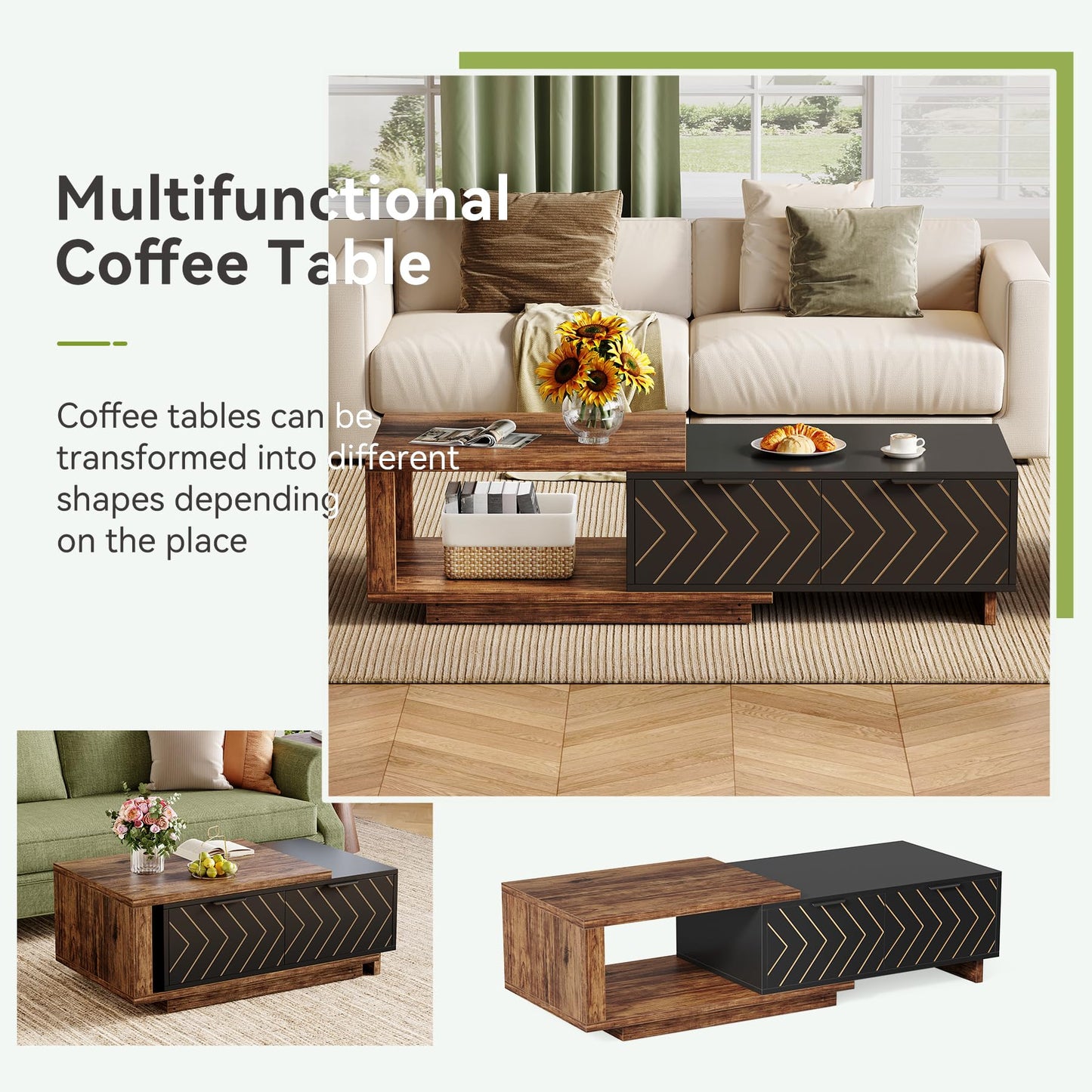 LITTLE TREE Expandable Wooden Coffee Table with 2 Drawers, Space-Saving Rectangular Farmhouse Center Table, Perfect for Living Room and Office, Brown and Black