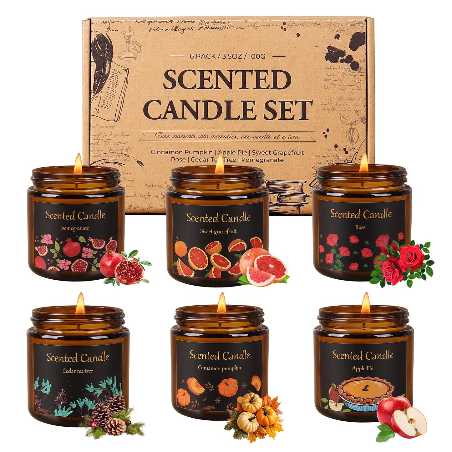 Aeraroma 6 Pack Candles for Home Scented, Aromatherapy Candles for Women Men, 21oz Natural Soy Wax Scented Candle Set, Amber Jar Candle Gifts Set for Birthday, Christmas, Valentines Day