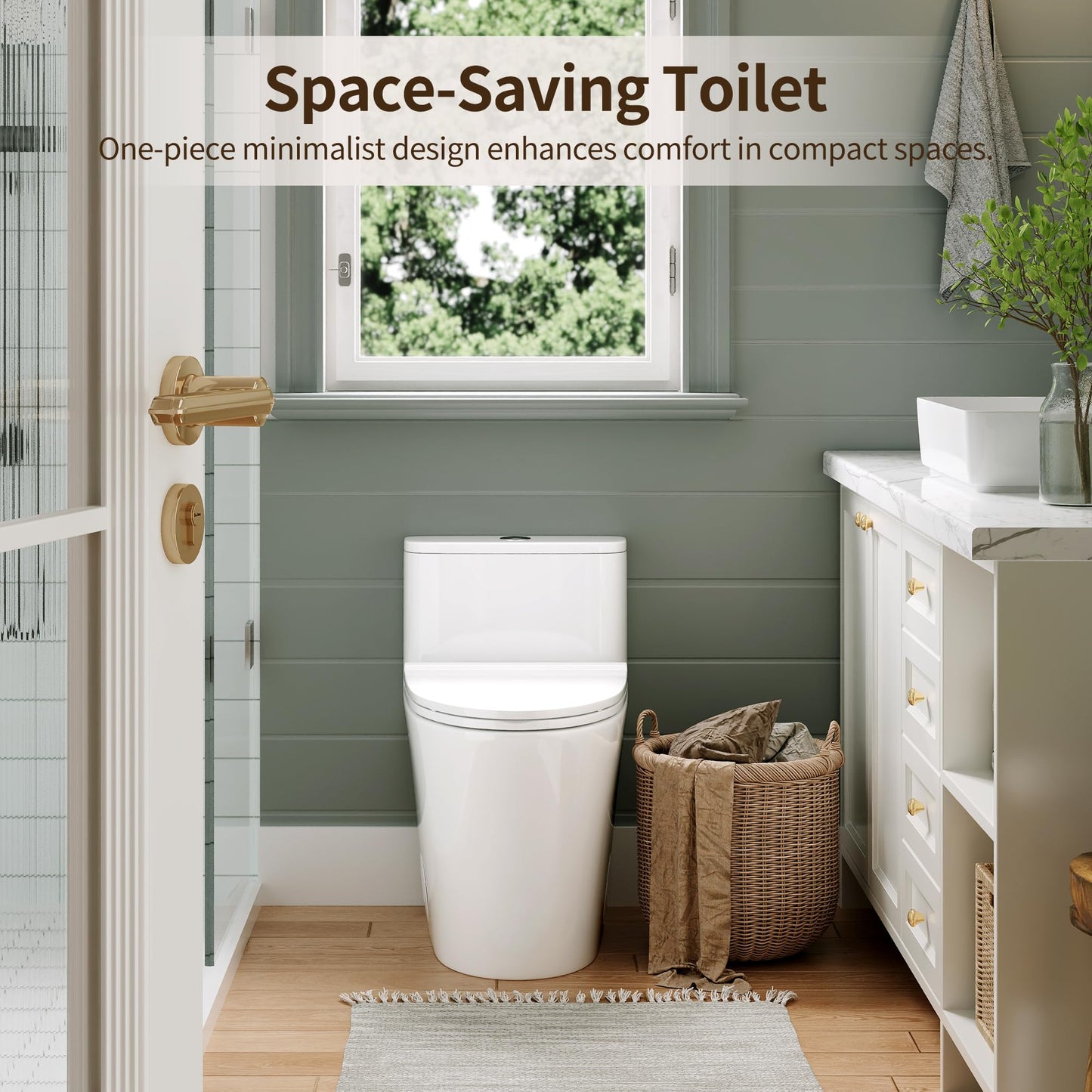 DeerValley Compact One-Piece Toilet 1.28 GPF Single Flush Fully Skirted Bowl with Soft-Close Seat White Space-Saving Elongated Toilets for Small Bathrooms