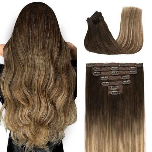 Fimislosion Real Hair Extensions Clip in Human Hair, Seamless Clip in Hair Extensions Real Human Hair, 18 Inch Clip ins extensions for women, Dark Brown to Chestnut Brown and Honey Blonde 120G 7Pcs
