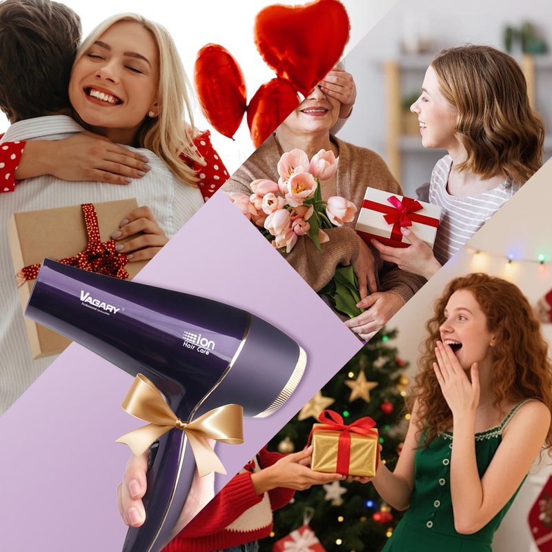 VAGARY Hair Dryer with Diffuser Concentrator, 2200W Professional Salon Ionic Blow Dryer for Frizz Free Smooth Hair, Featuring 2 Speeds and 2 Heat Settings, Cool Shot Button（Purple）