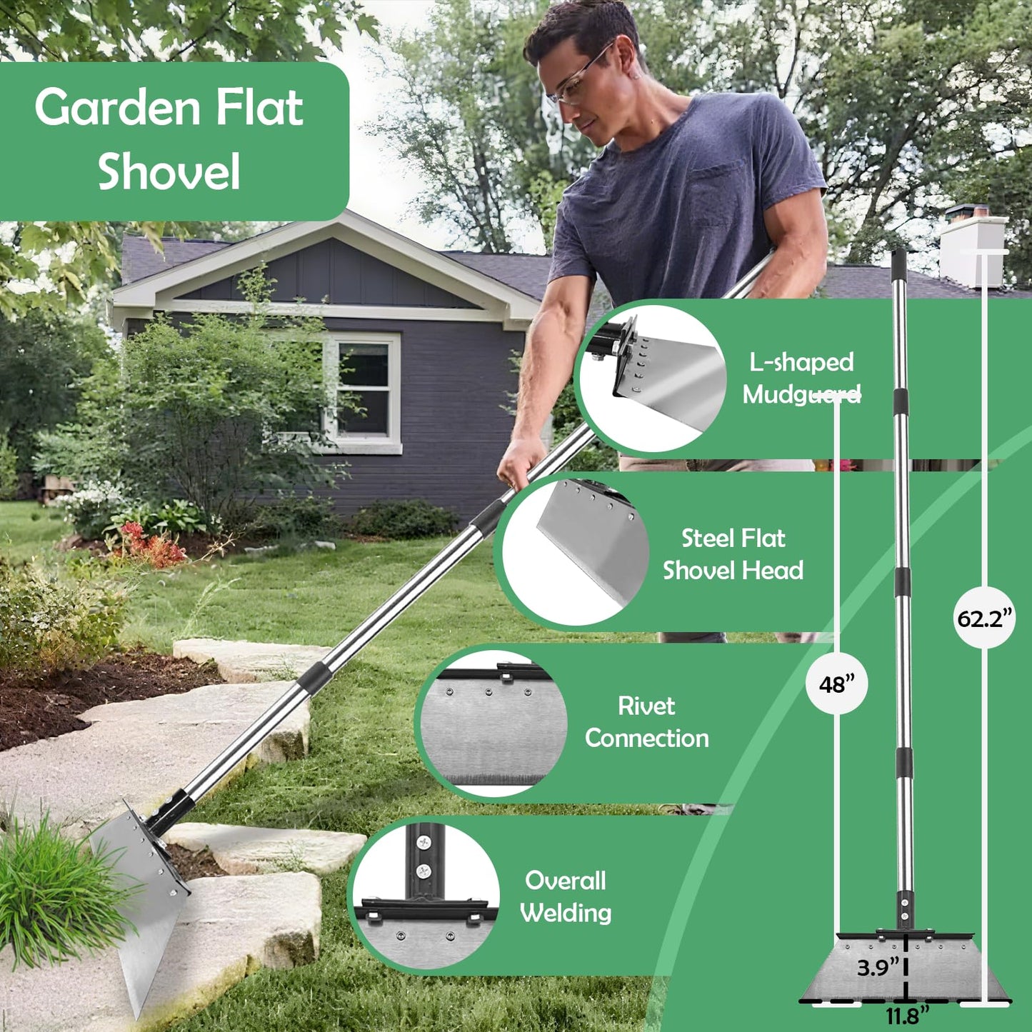 Garden Weed pullerToo,Heavy Duty 12" Multi Flat ShovelScraper, 14" Steel Thatch Rake with Adjustable Long Handle forLeaf & Moss& Edging & Ice & Snow Removal in Lawn, DrivewaysPatios, Cracks