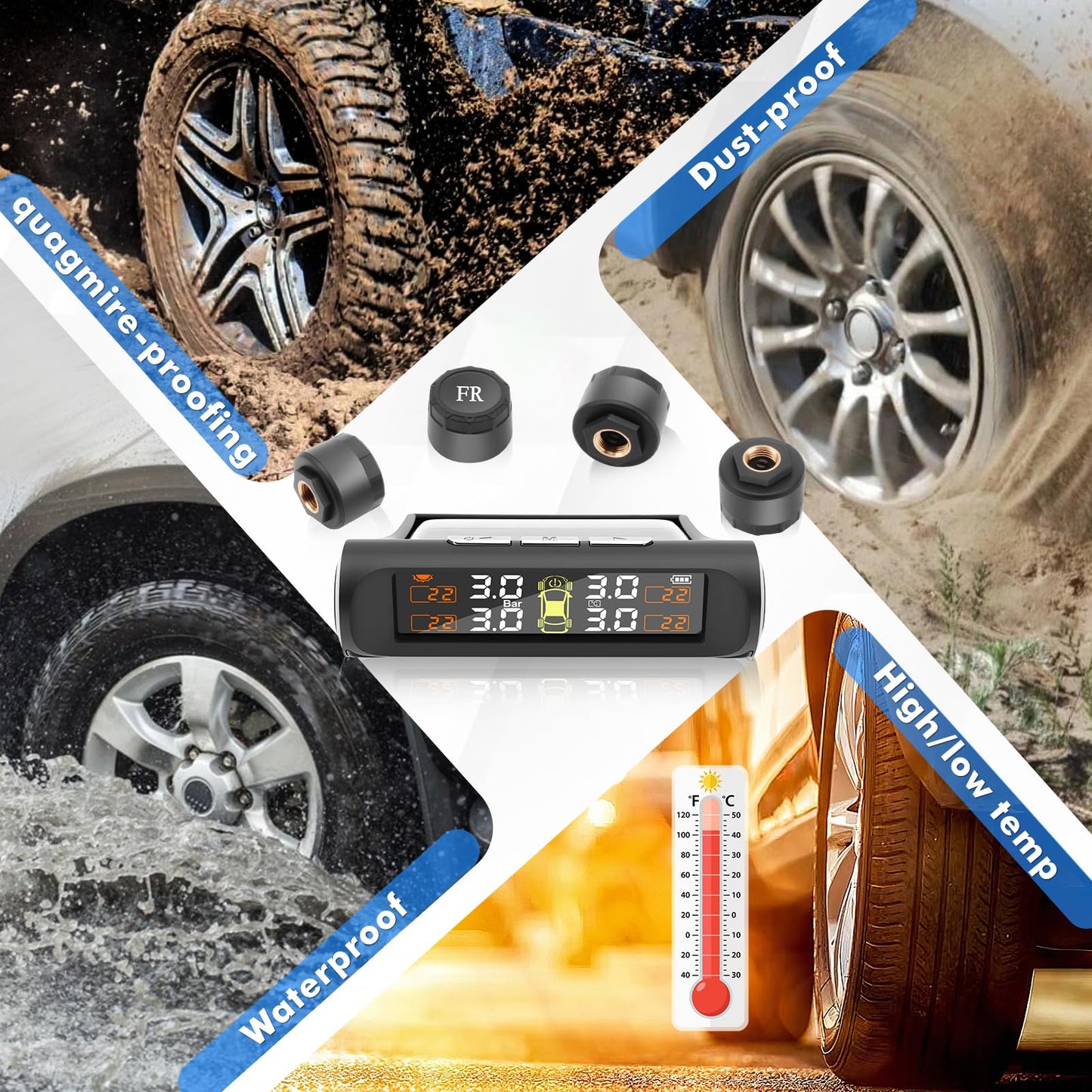 Avutrel Tire Pressure Monitoring System,TPMS with Solar Charging&USB Charging,5Alarm Modes, Real Time Monitoring Pressure and Temperature, Auto& Color Display Screens,Suitable for 4 Wheeled Vehicles