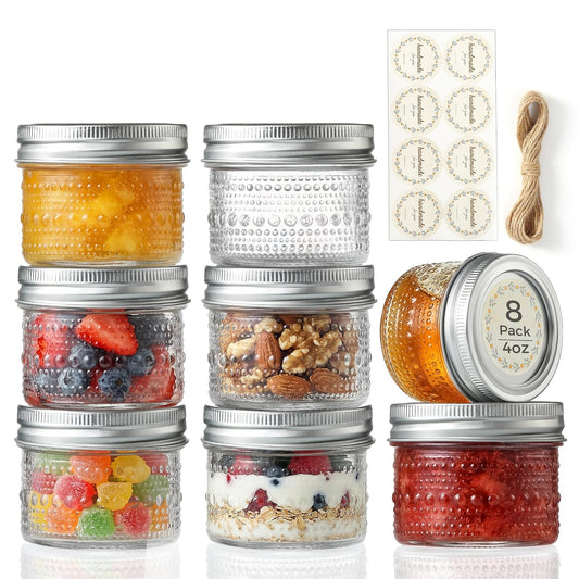 8 Pack Small Glass Jars with Lids - 4oz Vintage Embossed Mini Mason Jars ,Regular Mouth Mason Canning Jar with Seal Bands for Jam, Honey, Jelly, Dessert, Spice, Wedding Favors, DIY Candles Decor
