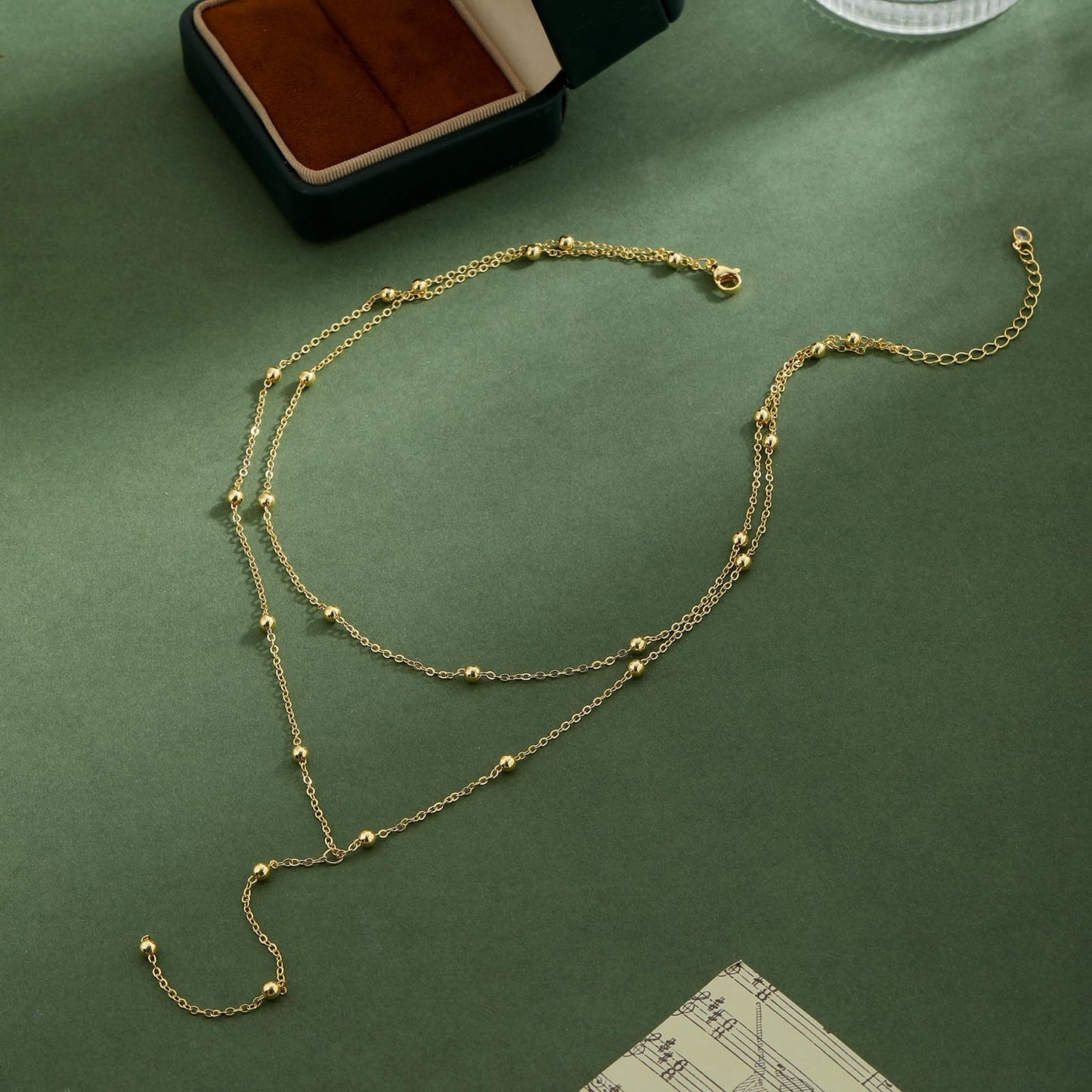 JIKASI Lariat Gold Necklaces for Women Trendy Dainty Long Necklace 14k Gold Plated Layered Drop Rosary Beaded Chain Necklaces Y-Shaped Pendant Necklace Simple Gold Jewelry Gifts