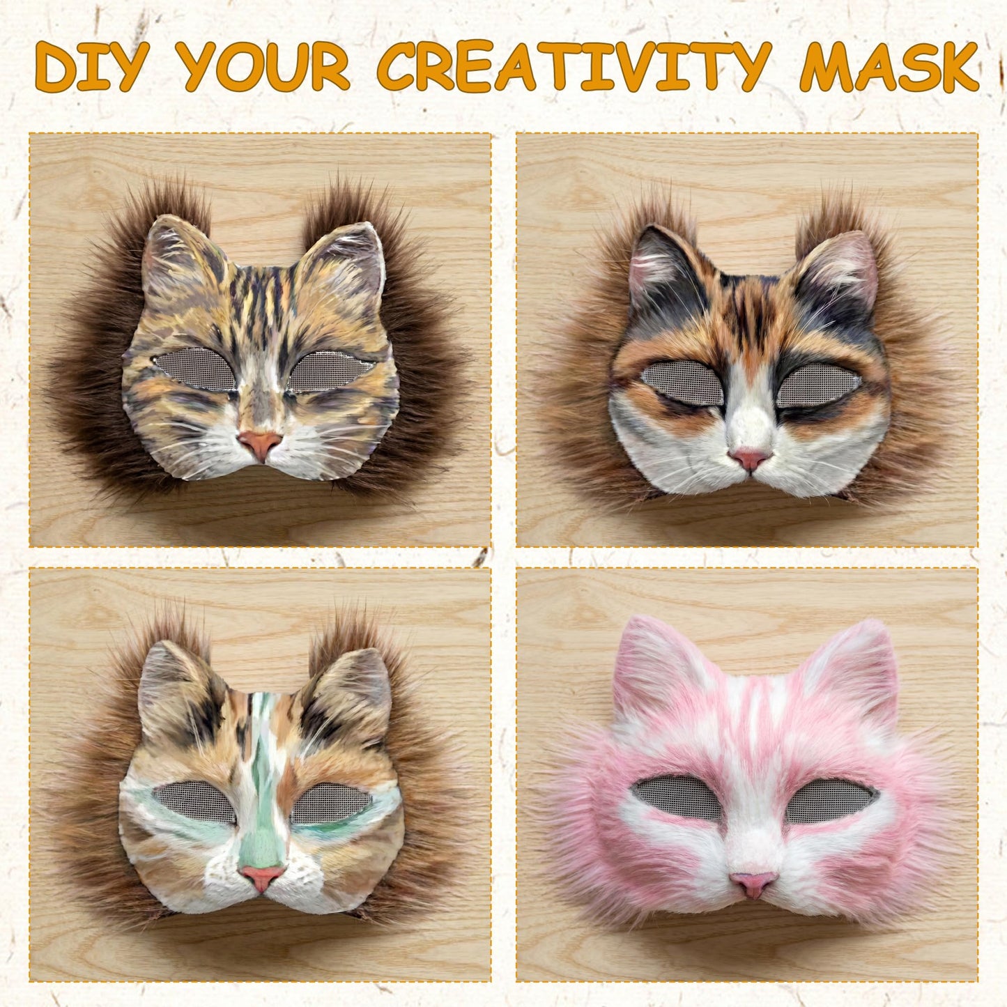 Vivrerizo Cat Therian Mask Kit - 4 Pcs Animal Mask Base with Tooth Nose and Sticker Painted DIY for Furry Masquerade Cosplay Props Costume Party Halloween Therian Accessories