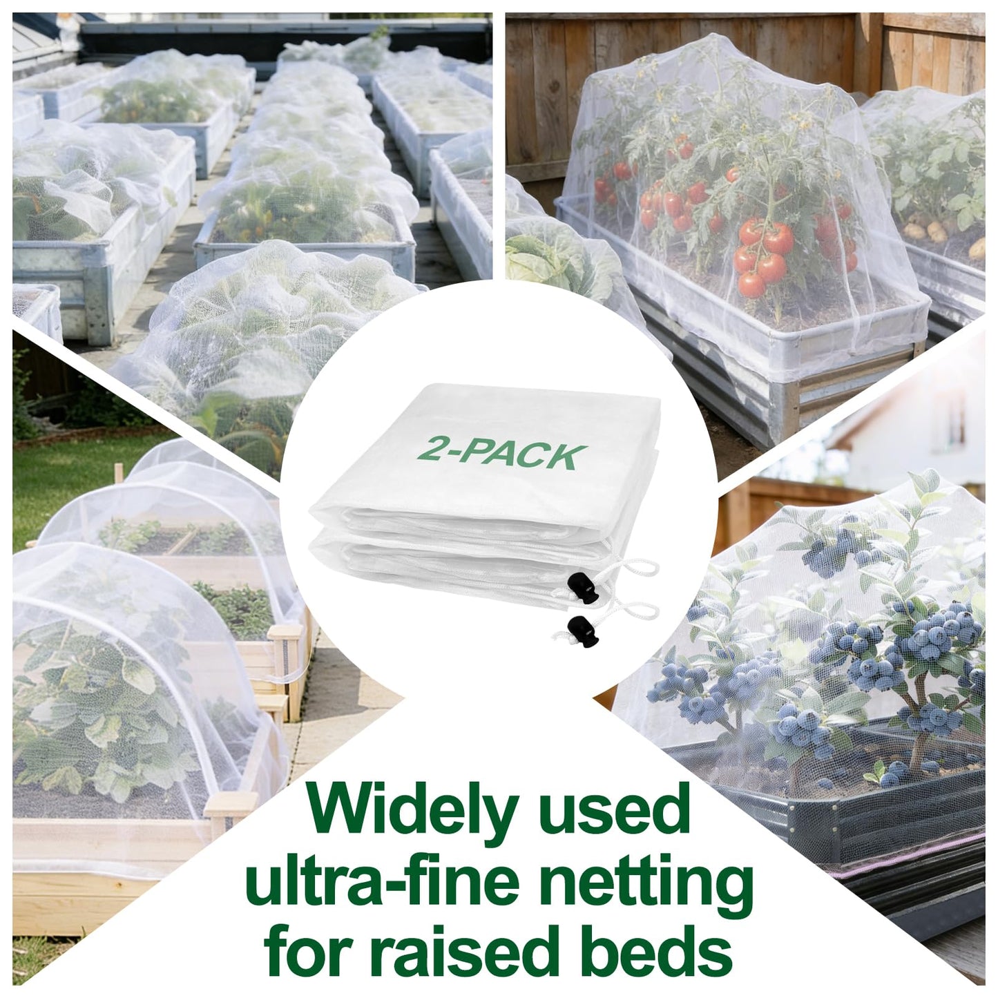 2 Pack Garden Netting for 8x4FT Raised Beds, Ultra-Fine Mesh Plant Covers with Drawstring, Bird, Pest & Small Animal Barrier for Vegetables, Fruits & Flowers