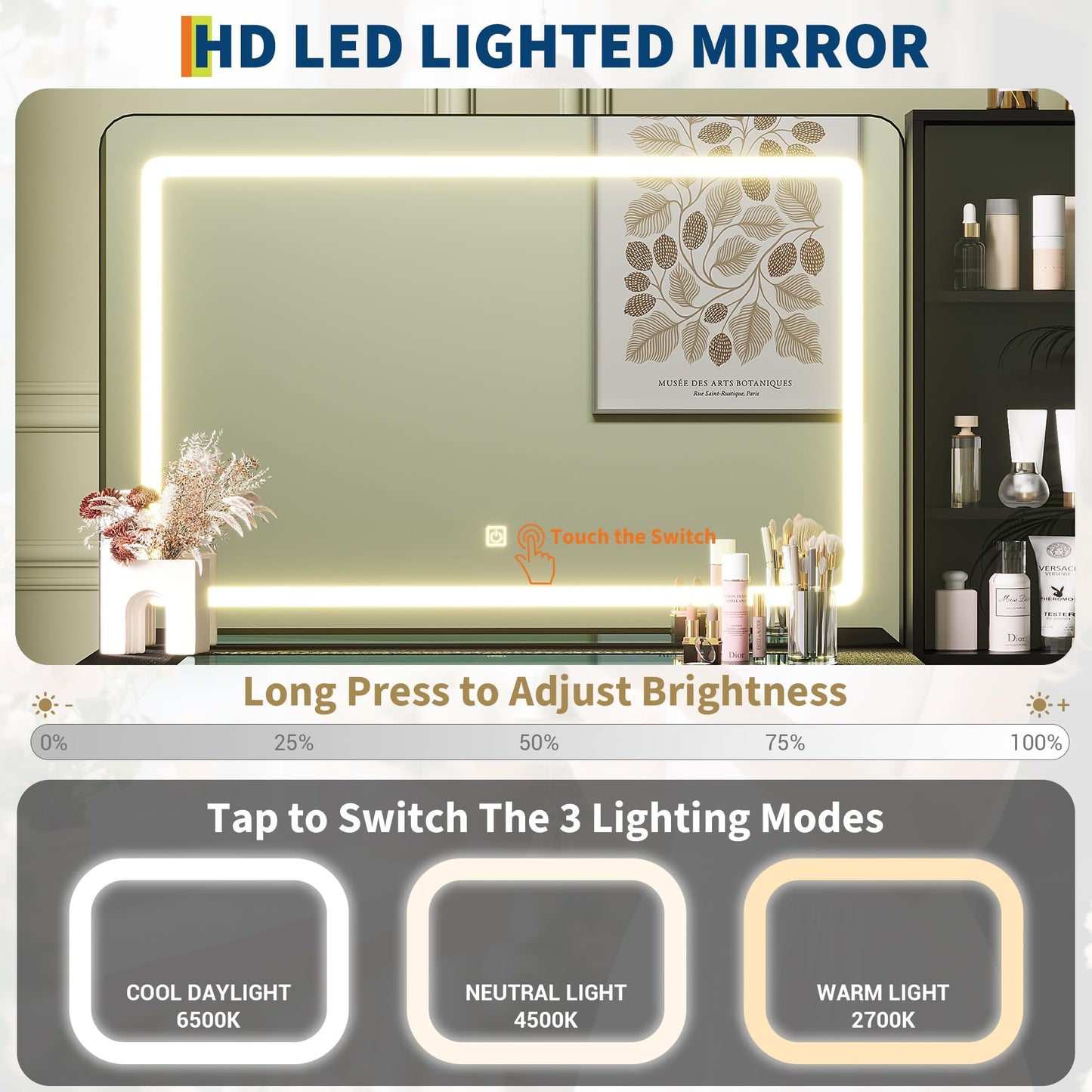Makeup Vanity Desk with Large 36" Mirror and Lights, 48" Glass Top Big Vanity Table with 4 Drawers & Shelves, 3 Color Modes & Adjustable Brightness, Dressing Table with Charging Station ＆ Soft Stool