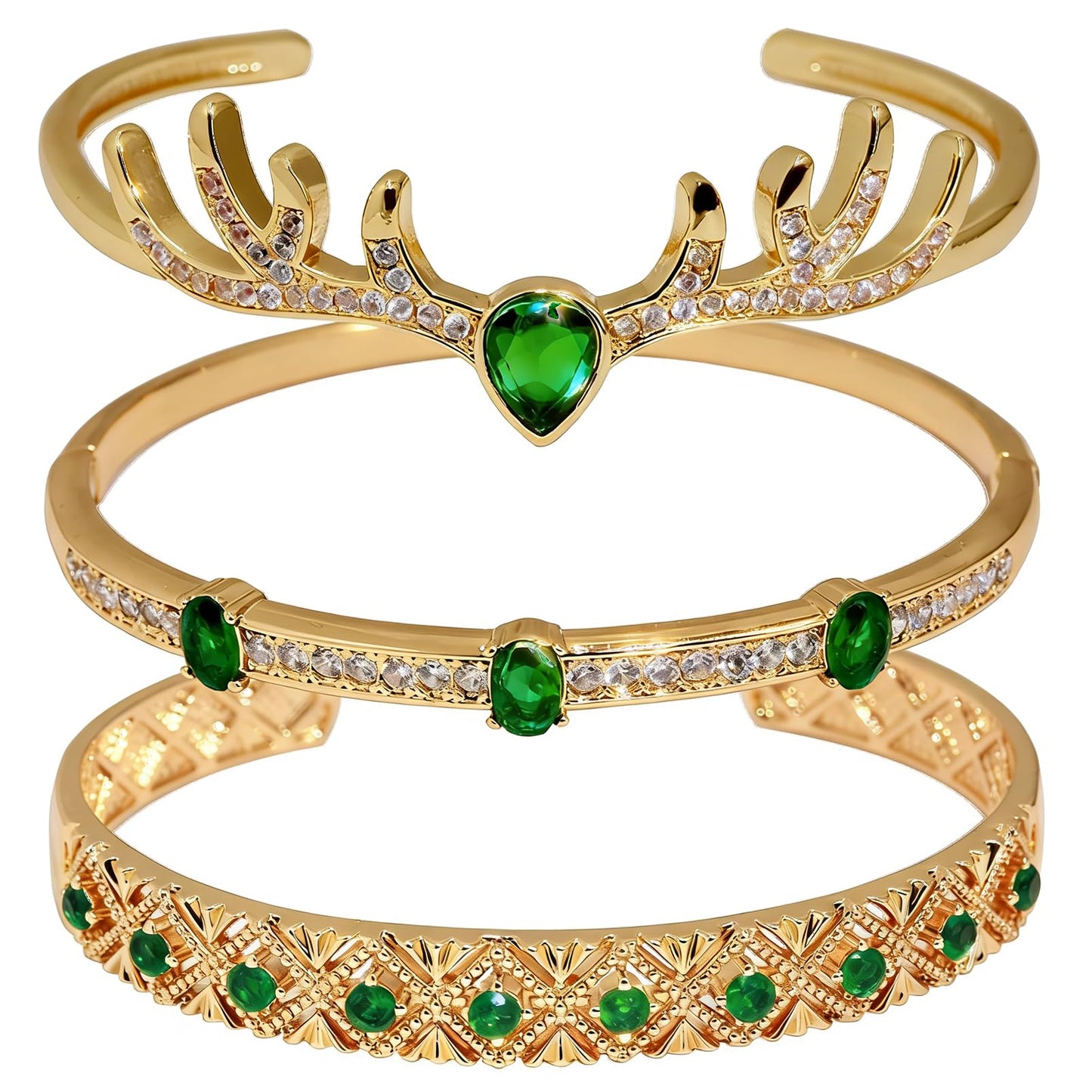 fivesweet 3PCS Gold Bangle Bracelet Set for Women, Luxurious Emerald Style, Copper Inlaid with 3A Zircon, Stackable Trendy Jewelry, 2.4 Inch, Great Gift for Her Girlfriend Wife Mom Sister Lover on Birthday Christmas Valentine's Day Mother's Day