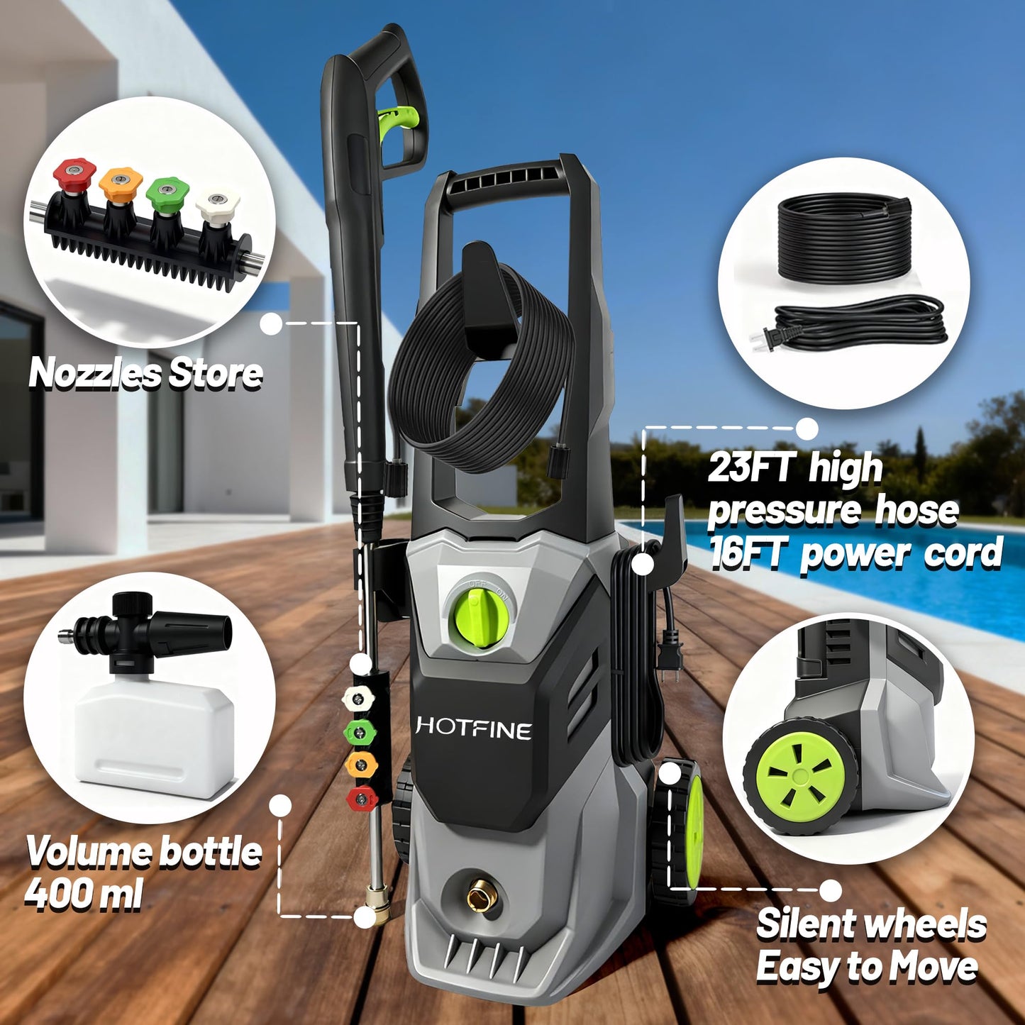 Pressure Washer, Power Washer with Foam Cannon High Pressure Washer for Cars, Decks, Fences, Patios and Driveway,Decks,High Pressure Cleaning Machine with 4 Nozzles