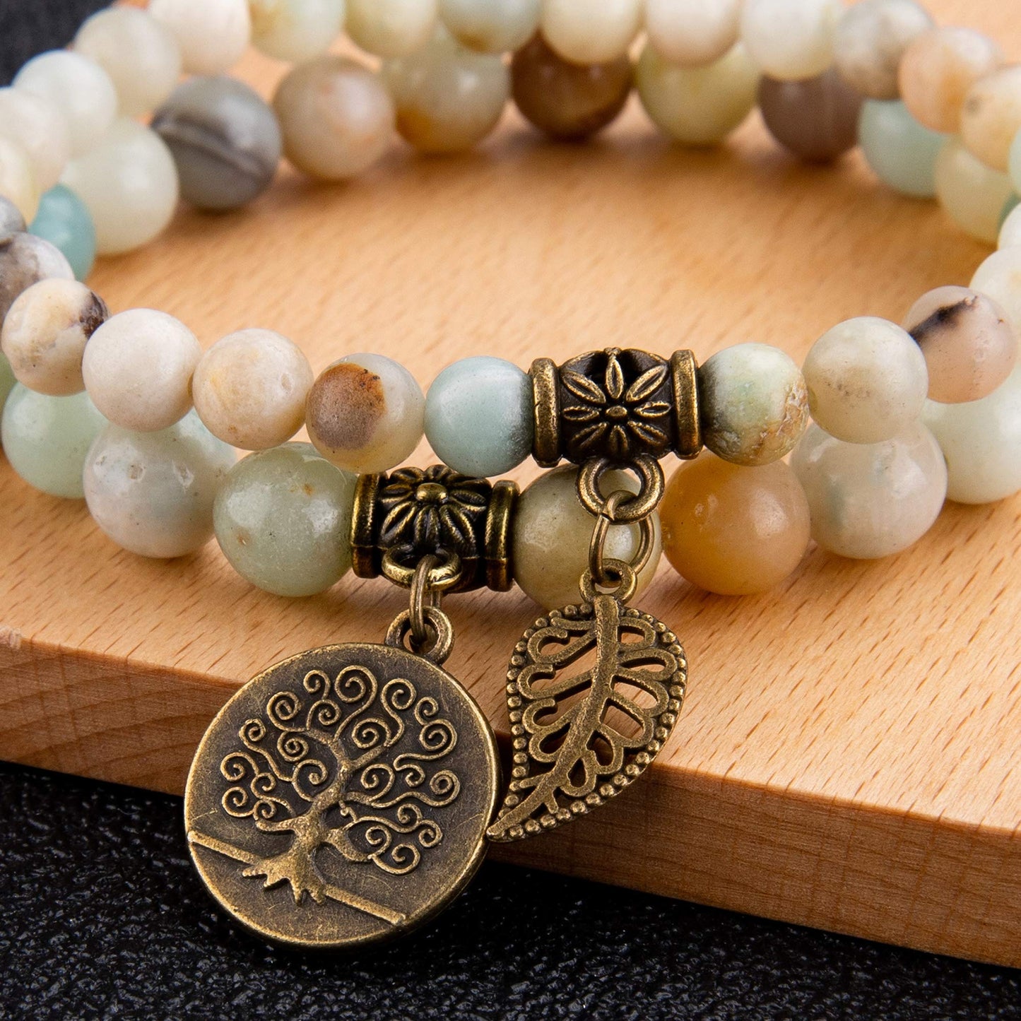 Bivei Natural Semi Precious Gemstone Beads Bracelet for Women - Life Tree and Leaf Charm Chakra Energy Anxiety Stretch Bracelets (Amazonite Beads)