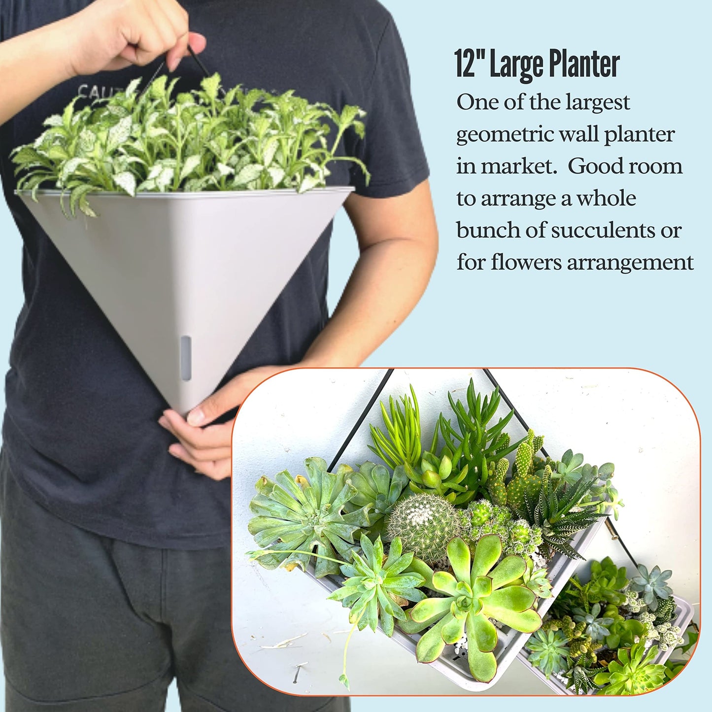 LaLaGreen Bundle - 12" x 6 Pack Gray Large Self Watering Wall Hanging Planters for Indoor Plants Gray Wall Mount Triangle Geometric Flower Vase Pot Black Metal Hanger Living Wall Decor