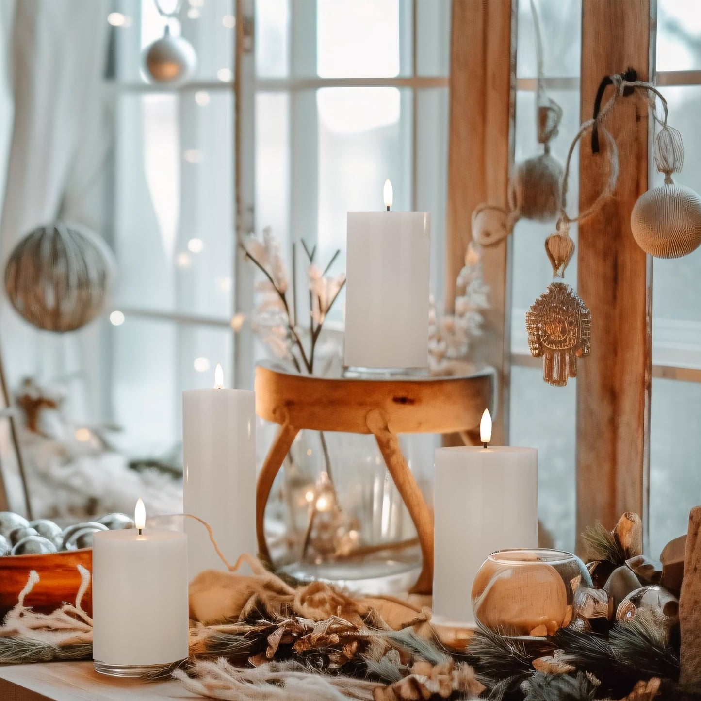 AFINETH White Flameless Pillar Candles, Battery Operated Wax Candles with Remote, Flat Top Flickering Flameless Candles, LED Candle for Home, Wedding, Party Decor, Set of 4, Φ 3" H 4"" 5"" 6"" 8"""