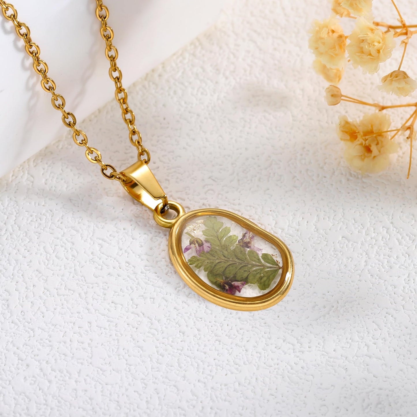 LETFLY Birth Flower Necklaces for Women, 18K Gold Plated Oval Shaped Handmade Floral Pendant, Pressed Flower Necklace Jewelry Gifts Harmony