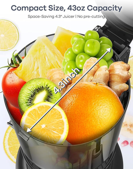 Ganiza Cold Press Juicer, 4.3" Compact Space-Saving Design Juicer Machine with 3 Replaceable Filters, One-Touch & Ultra-Quiet Operation, BPA-Free Easy to Clean, Silver