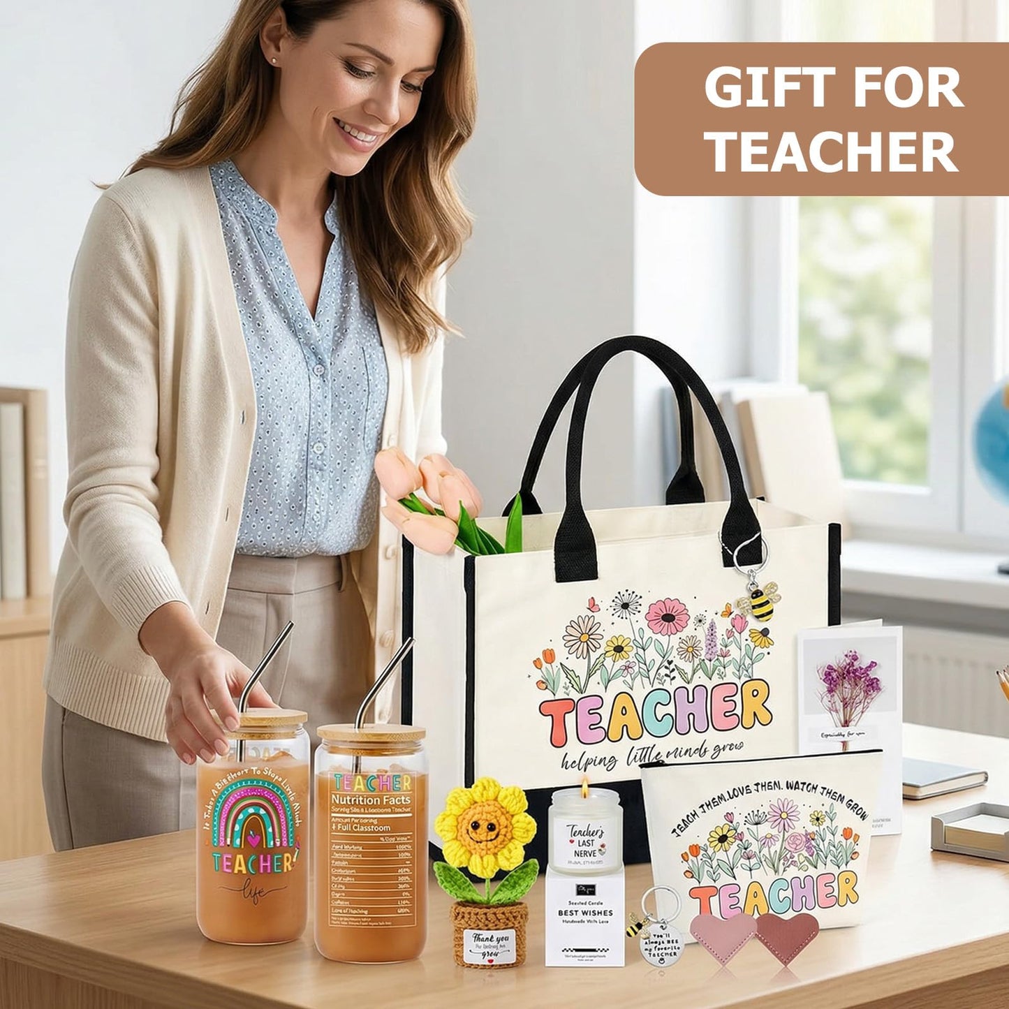 FINELOVE Teacher Appreciation Gifts for Women: 9 Pcs Teacher Gift Set with Large Functional Canvas Tote Bag & 16oz Glass Cup Thank You Gifts for Teacher Retirement, Back to School, Birthday, Christmas