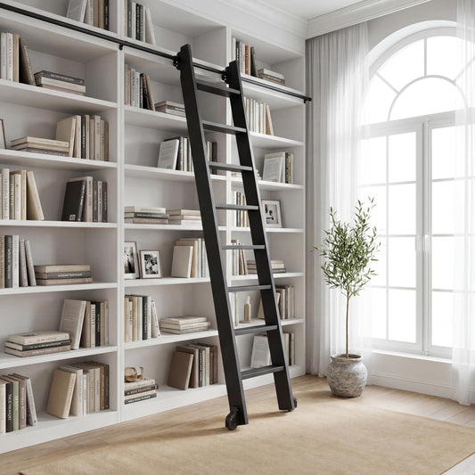 96" Rolling Library Metal Step Ladder, 8-Step Portable 330lb Heavy Duty Black Movable Ladder, 4FT Sliding Hardware Track Kit Bottom Wheel Included, for Kitchen, Loft, Warehouses and Bookstore