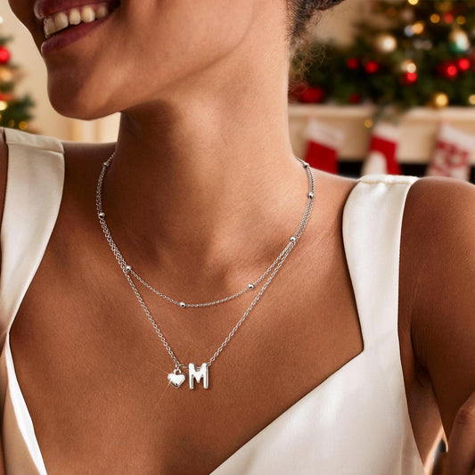 adoyi Silver Heart Initial Necklaces for Women 14k Gold Plated Layered bubble Letter Necklace Dainty Heart L Pendant Necklace Stack Birthday Valentines Gifts for Women Jewelry