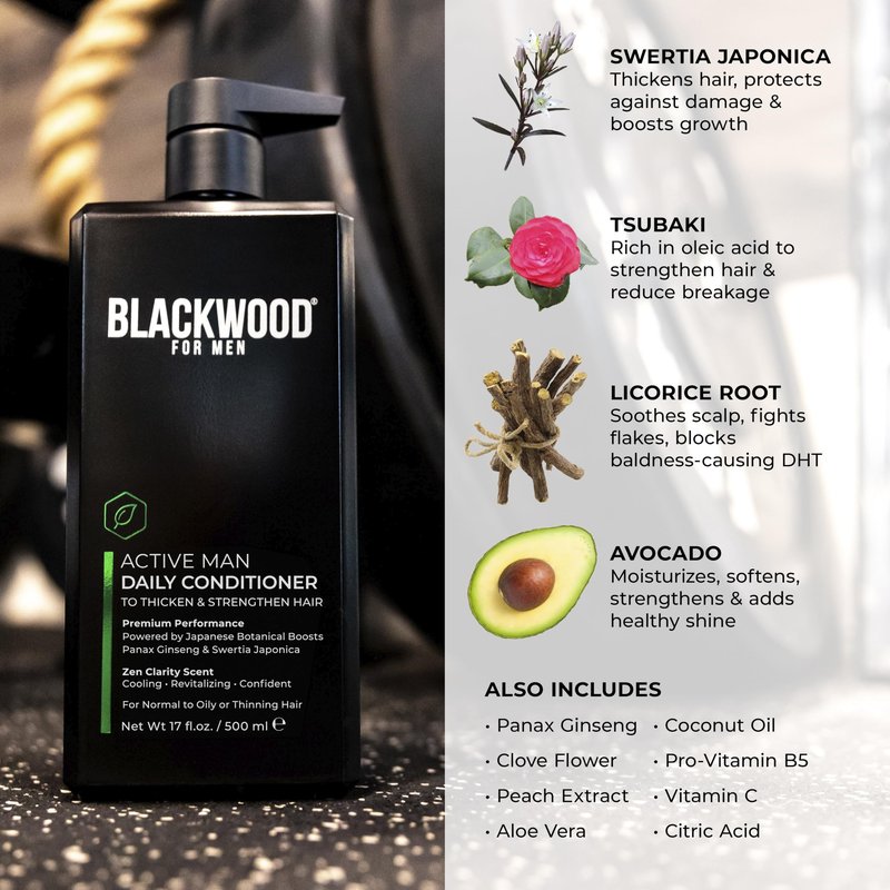 BLACKWOOD FOR MEN Active Man Daily Hair Conditioner for Men, Thickening Conditioner, Deep Nourishing Treatment for Shine, Hair Loss & Dandruff - Natural Vegan Formula Sulfate-Free, Paraben-Free,17 oz