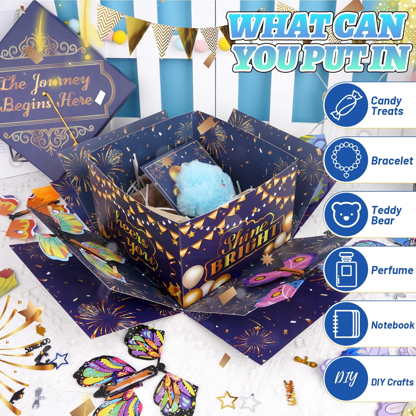 Prewplam 2026 Flying Butterfly Surprise Box, Graduation Gift Boxes with 8 Pcs Flying Butterfly, Explosion Graduation Gift Box High School College Graduation Party Favors - Blue and Gold