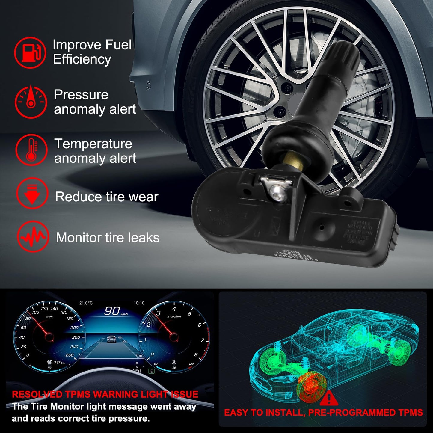 GZGN Pre-Programmed TPMS Sensor 13586335 GM 315Mhz Tire Pressure Monitoring Sensor Compatible with Chevy Silverado GMC Cadillac Buick Pontiac Saturn Hummber Saab OE#13598771 13598772 13581558 4 Pack