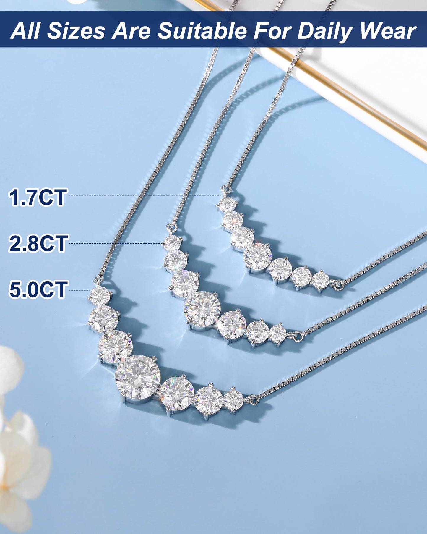 Moissanite Necklace for Women, 2.8 Carat Lab Grown Moissanite Pendant 18k White Gold Plated Sterling Silver 7 Stones Smile Pendant Necklace, Fashion Necklace with 16.5+2.5 inch Adjustable Box Chain