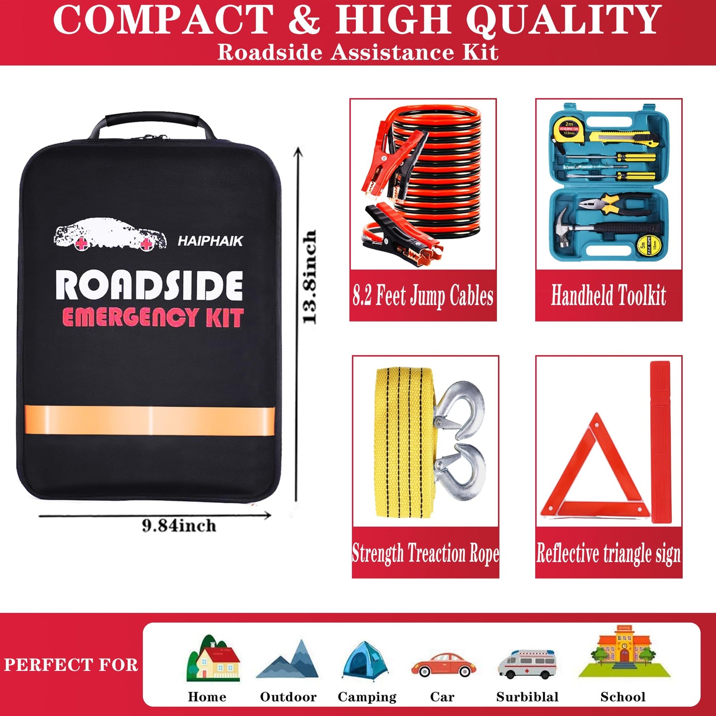 HAIPHAIK Roadside Emergency Car Kit-Emergency Car Kits for Vehicles Car Safety Kits with Jumper Cables,Tow Rope, Safety Hammer, Reflective Warning Triangle,Gifts for New Drivers