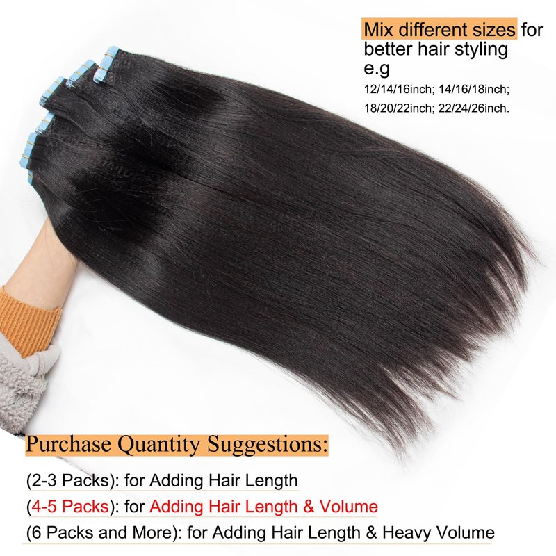 FEIPRO 18 Inch Tape in Hair Extensions Real Human Hair Light Yaki Straight Tape ins for Black Girls Women add Hair Length &Volume Invisible Seamless Skin Weft Thick Soft #Natural Black 40g 20pcs/Pack