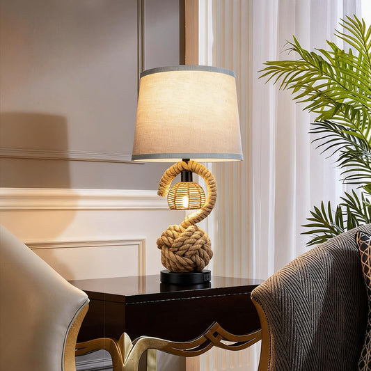 22" Rope Lamps for Night Stands, Dual-Lights Bedside Lamps Set of 2, Boho Table Lamps for Living Room, 3-Color Temperatures Boho Lamp with Rotary Switch, Rattan Lamp with USB Ports, 4 Bulbs Included
