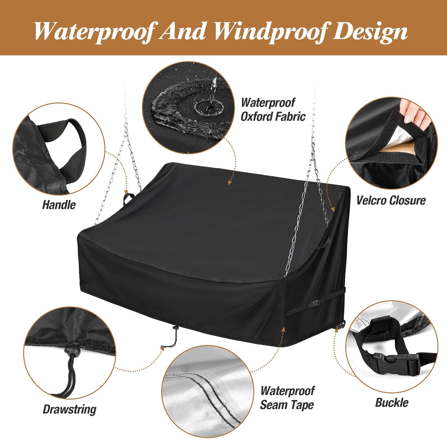 Kasla Porch Swing Seat Cover, Waterproof Swing Covers for Outdoor Patio Swings & Garden Hammock Glider & Hanging Swing Bench (62x26x15/21in)
