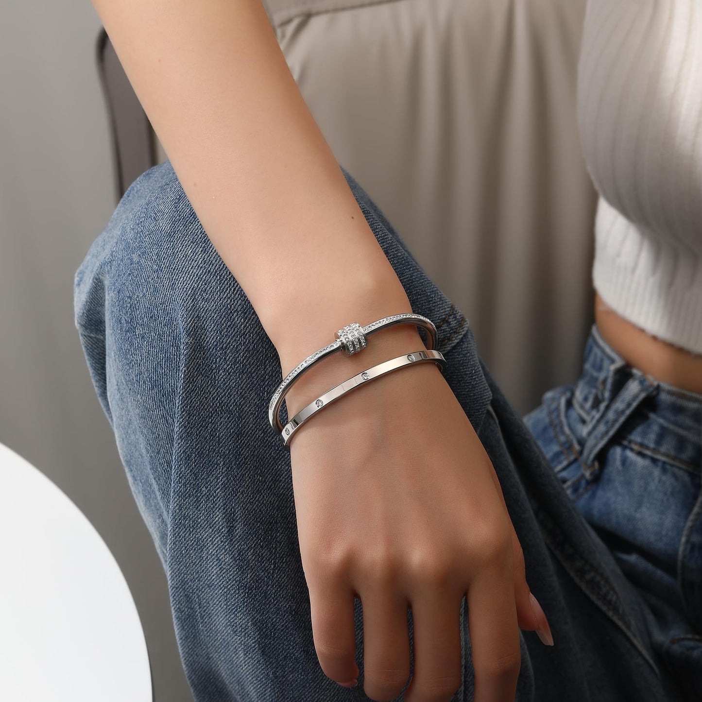Jade cabbage Gold Bracelets for Women 18K Gold Plated Love Friendship Bracelet With Cubic Zirconia Cuff Bangle Jewelry Set Witness the Gift of Love (4mm silver 2pcs-C)
