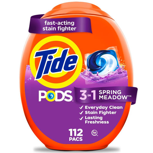 Tide PODS laundry detergent pacs, 3-in-1 Stain Remover, Odor Fighter, Color Protector, 112 Count, HE compatible, Spring Meadow Scent