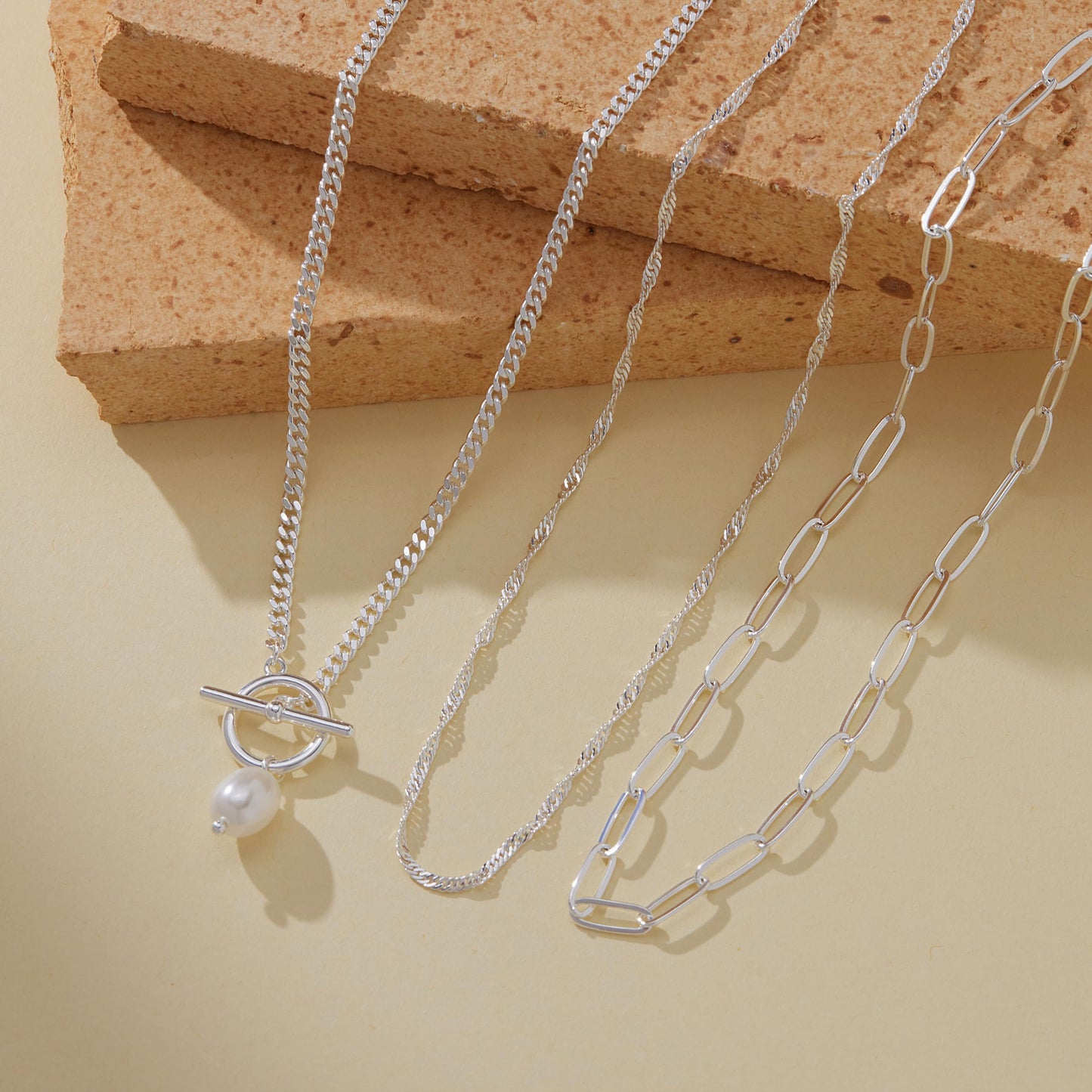 Layered Pearl Toggle Necklaces for Women Dainty Silver Plated Stack Trendy Choker Simple Paperclip Chain Pearl Pendant Toggle Necklace Jewelry Set Gifts for Women