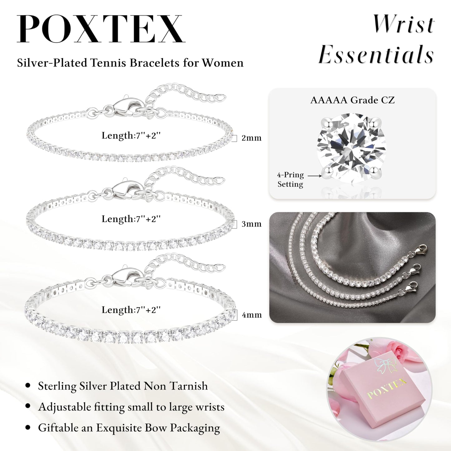 Poxtex Sterling Silver Tennis Bracelet for Women Stack, Trendy Silver Diamond Classic Bracelets Jewelry Set, Women Fashion Accessories for Watch Band