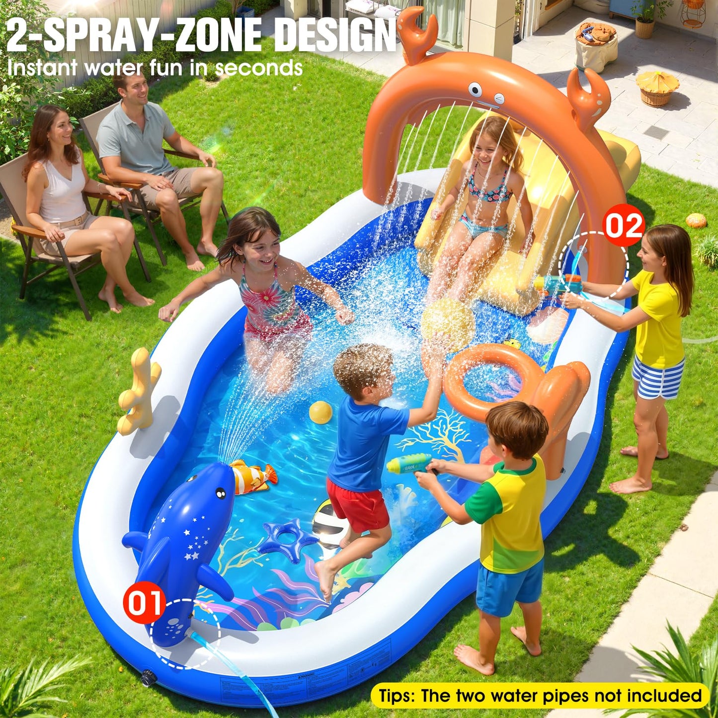 StarOcean 2026 Large Inflatable Play Center,Kiddie Pool with Water Slide&Sprinkler,120''x70"x50''Inflatable Toddler Pool with Slide,BlowUp Water Play for Toldder,Inflatable Water Park for Kid Backyard