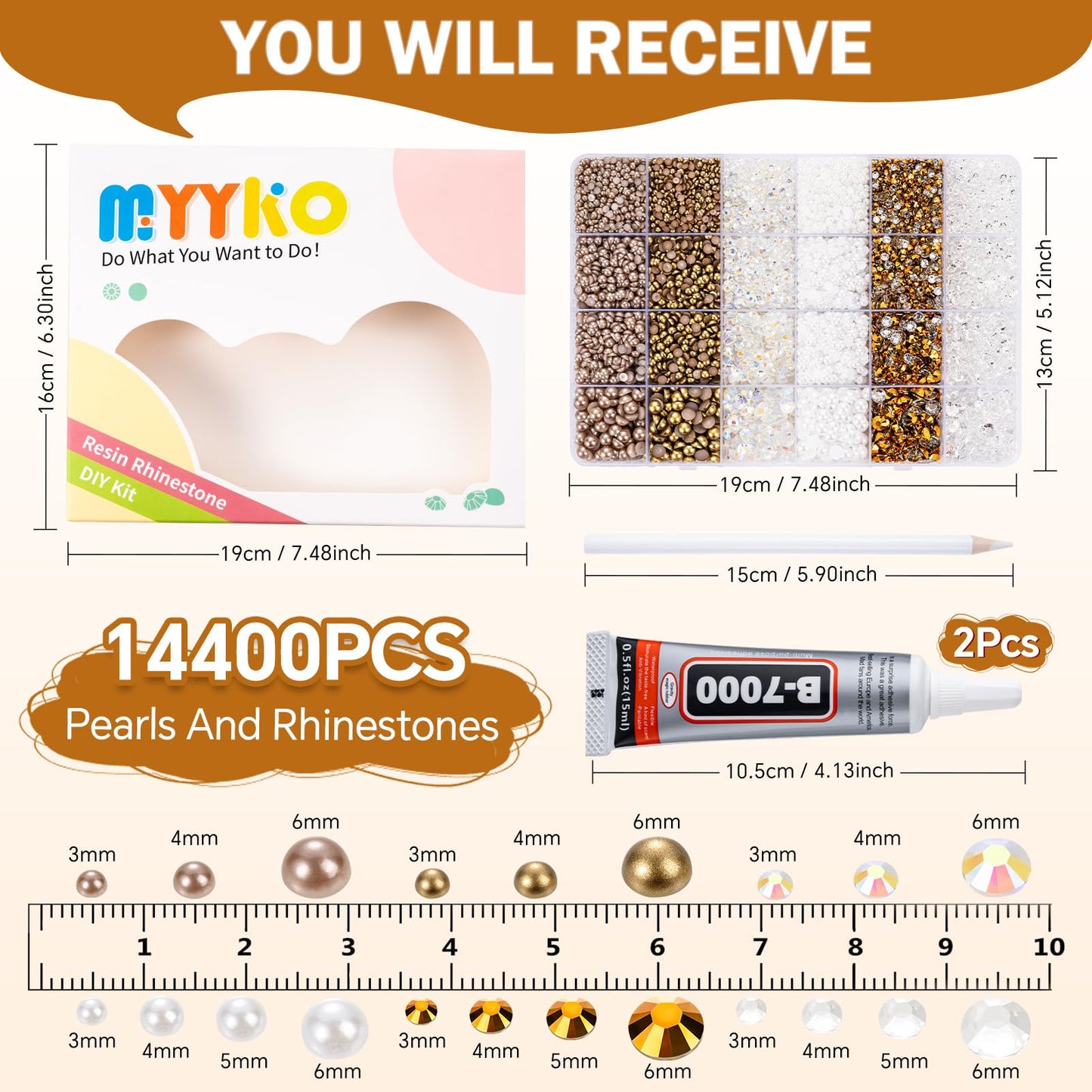 14400PCS Flatback Rhinestones Half Pearls for Crafts, Champagne Gold Resin Rhinestones Mixed Size 3mm-6mm, Flat Back Rhinestones for Bedazzling DIY Shoes Clothes with 2pcs B7000 Glue