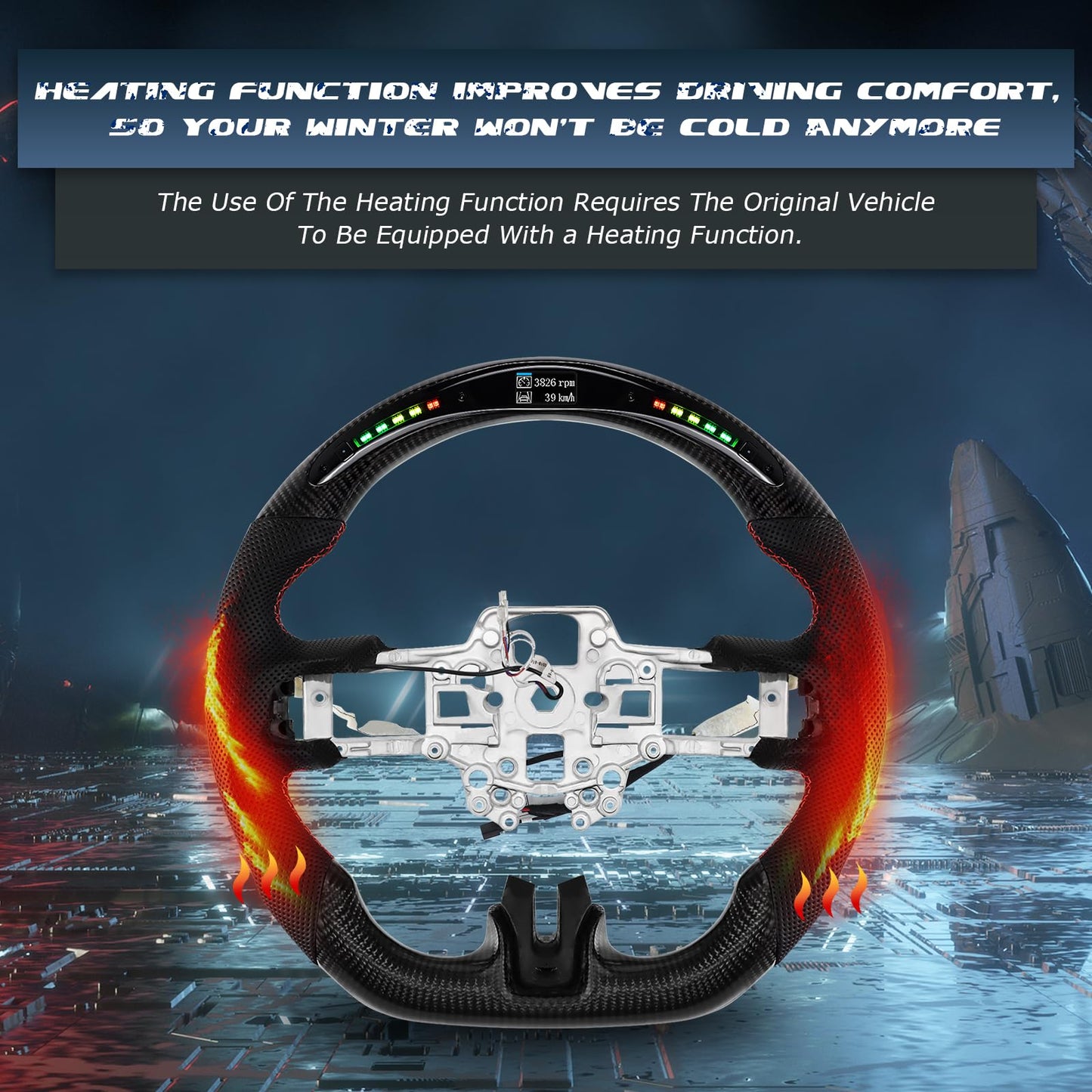 VOONKE Real Carbon Fiber Steering Wheel D-shaped With stitching Led Nappa Perforated Leather Flat-bottom Steering Wheel With heating function For Mustang EcoBoost/GT/Shelby GT350/GT350R 2018-2023
