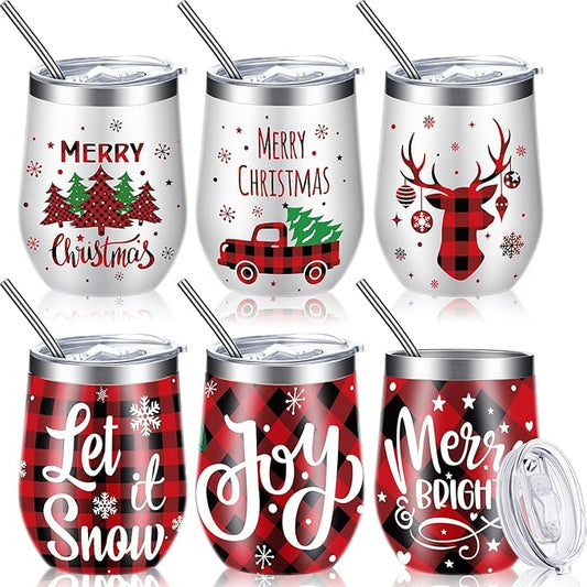 Ziliny 6 Pieces Christmas Wine Tumbler 12 oz Xmas Insulated Stainless Steel Wine Cups with Lid and Straw Funny Coffee Mugs with Brush for Holiday Wedding Party Gifts(Plaid Style)